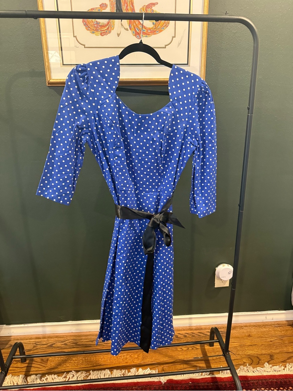 Blue Polka Dot Midi Dress with Black Satin Waist Tie